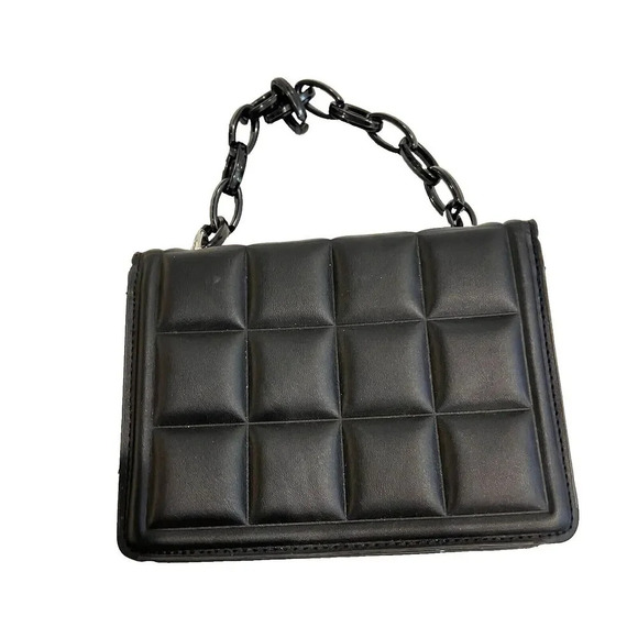 Black Quilted Handbag Chain Strap Plastic Womens Small Classic Grunge Punk - Picture 1 of 8